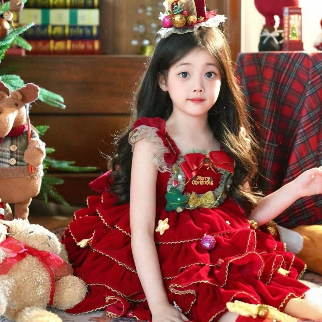 ชุดคริสต์มาสสาวชุดเจ้าหญิงชุดฤดูใบไม้ร่วงฤดูหนาวสีแดงสายแขวนใหม่สีเขียว（จัดส่งในวันเดียวกันในสต็อก）