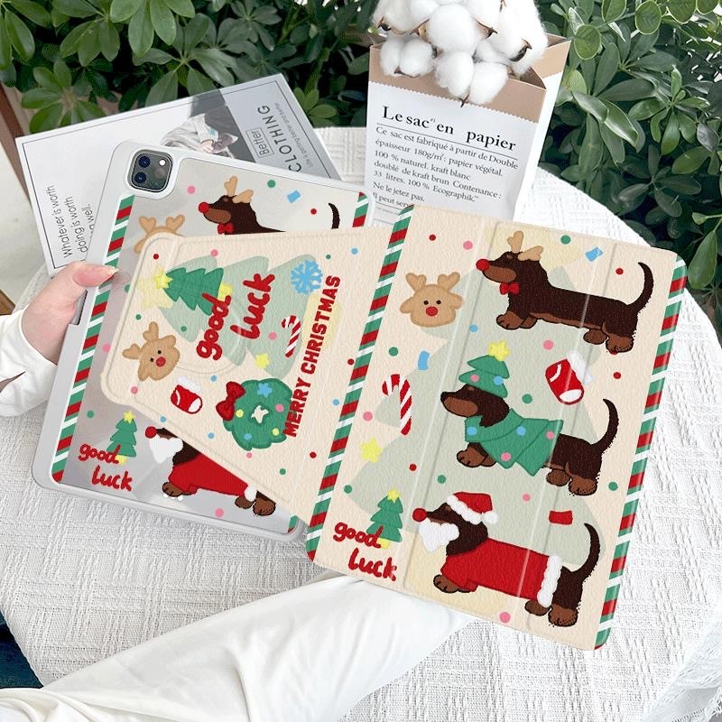 [iPad Air 5] เคสไอแพด Gen10 Air4 10.9 Pro11 2022 ป้องกันการล่มสลายพร้อมที่วางปากกาคริสต์มาสไส้กรอกสุนัขหมุน 9th 8th 7th 10.2 5th 6th Air1 Air2 Air3 720 องศาใหม่Air6 กรณี