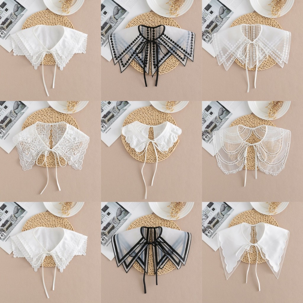 Alia ผู้หญิงหวาน Elegant Organza Faux Collar ผ้าคลุมไหล่ลูกไม้ Splicing Tulle สร้อยคอครึ่งเสื้อ Lace-Up Decorati