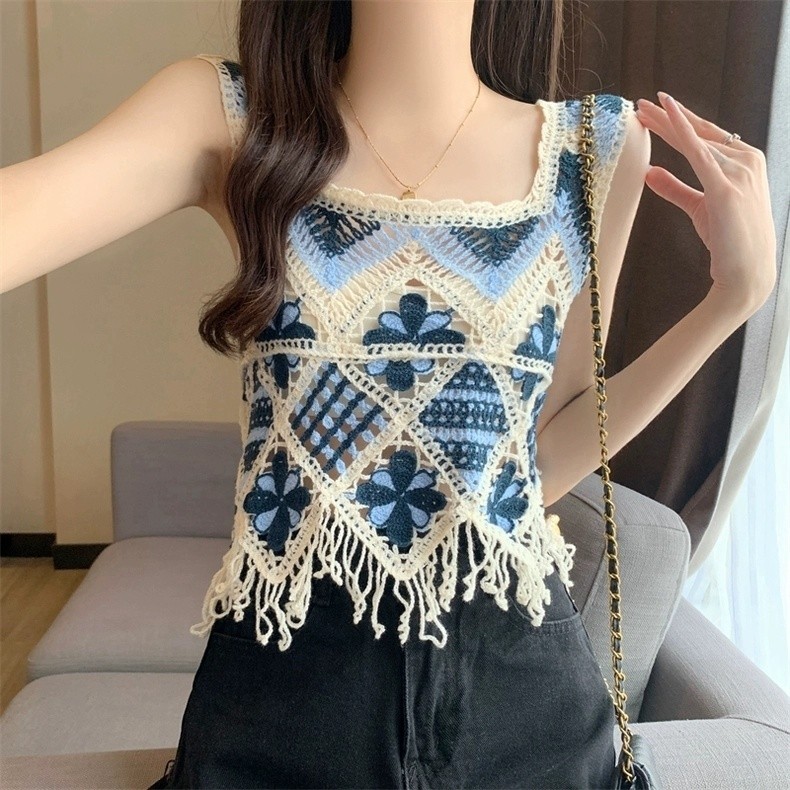 เสื้อกล้ามสายเดี่ยวโครเชต์ฉลุลายดอกไม้ดีไซน์สไตล์วันหยุดเสื้อตัวในแขนกุดใส่ด้านนอกแบบย้อนยุคสำหรับฤดูร้อน