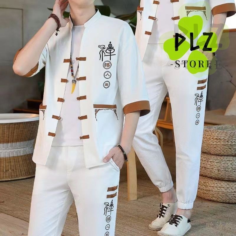 男 Dang 2026 CNY ฤดูร้อนชุดสไตล์เสื้อสเวตเตอร์ถักผู้ชายเสื้อยืดแขนสั้น Stand-Up Collar Tang Suit Tang