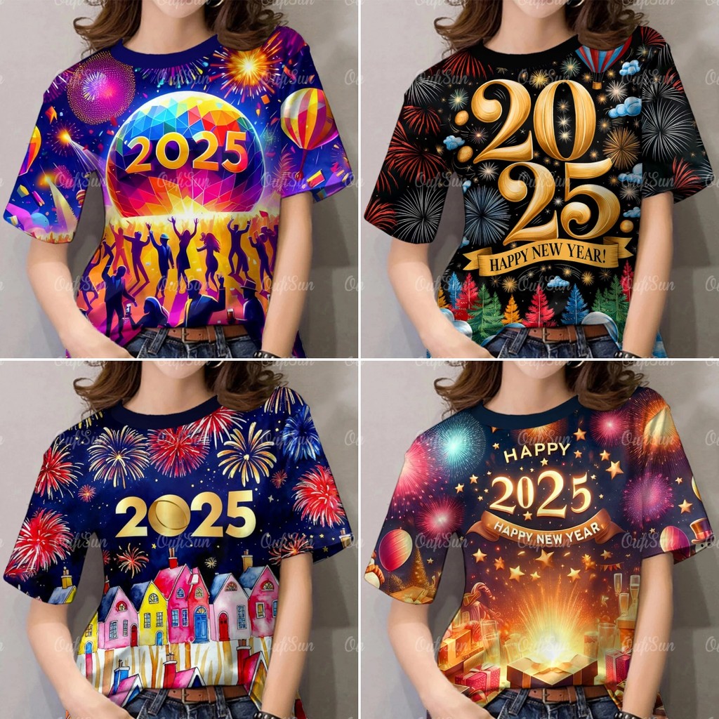 2025 เสื้อยืดปีใหม่ เสื้อแขนสั้น ต้อนรับปีใหม่ ชุดครอบครัวสวัสดีปีใหม่เหมาะสําหรับทั้งชายและหญิง