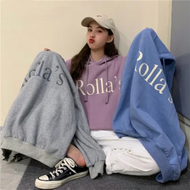 แฟชั่นจดหมายพิมพ์ผู้หญิงเสื้อกันหนาวหมวกฤดูใบไม้ร่วงเวอร์ชั่นเกาหลีนักเรียนหลวมคลุมด้วยผ้าคู่แขนยาวด้านบน
