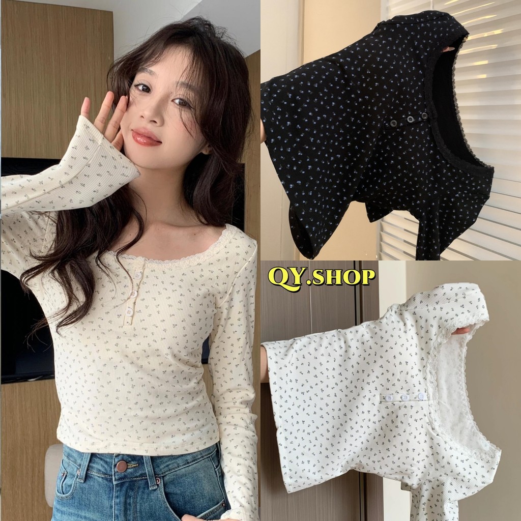 QY.Shop⭐️สินค้าราคาพิเศษ⭐️เสื้อแขนยาว คอกลม มีฟองน้ำ ใส่สบายมาก ดีเทลบายดอกไม้ ยืดตามตัว "FY5065"