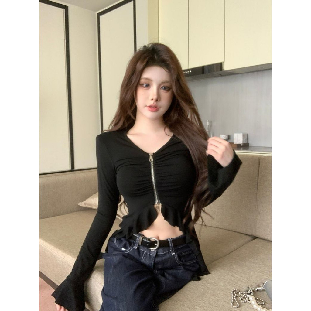 เสื้อยืดคอกลมแขนยาวผู้หญิงสองทางซิปไม่สม่ำเสมอ