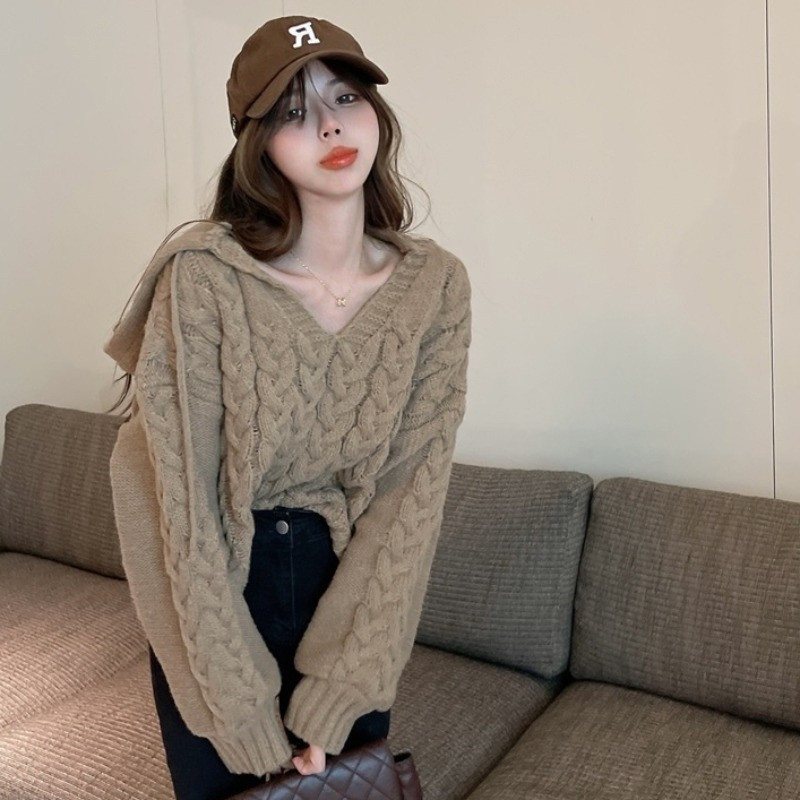 เสื้อไหมพรมแขนยาวสไตล์วินเทจสำหรับฤดูใบไม้ร่วงและฤดูหนาว ทรงหลวมมีฮู้ดพร้อมเชือก ดีไซน์ลายถัก ดูหรูหราและเหมาะกับสาวตัวเล็ก ใส่สบายแบบสวม