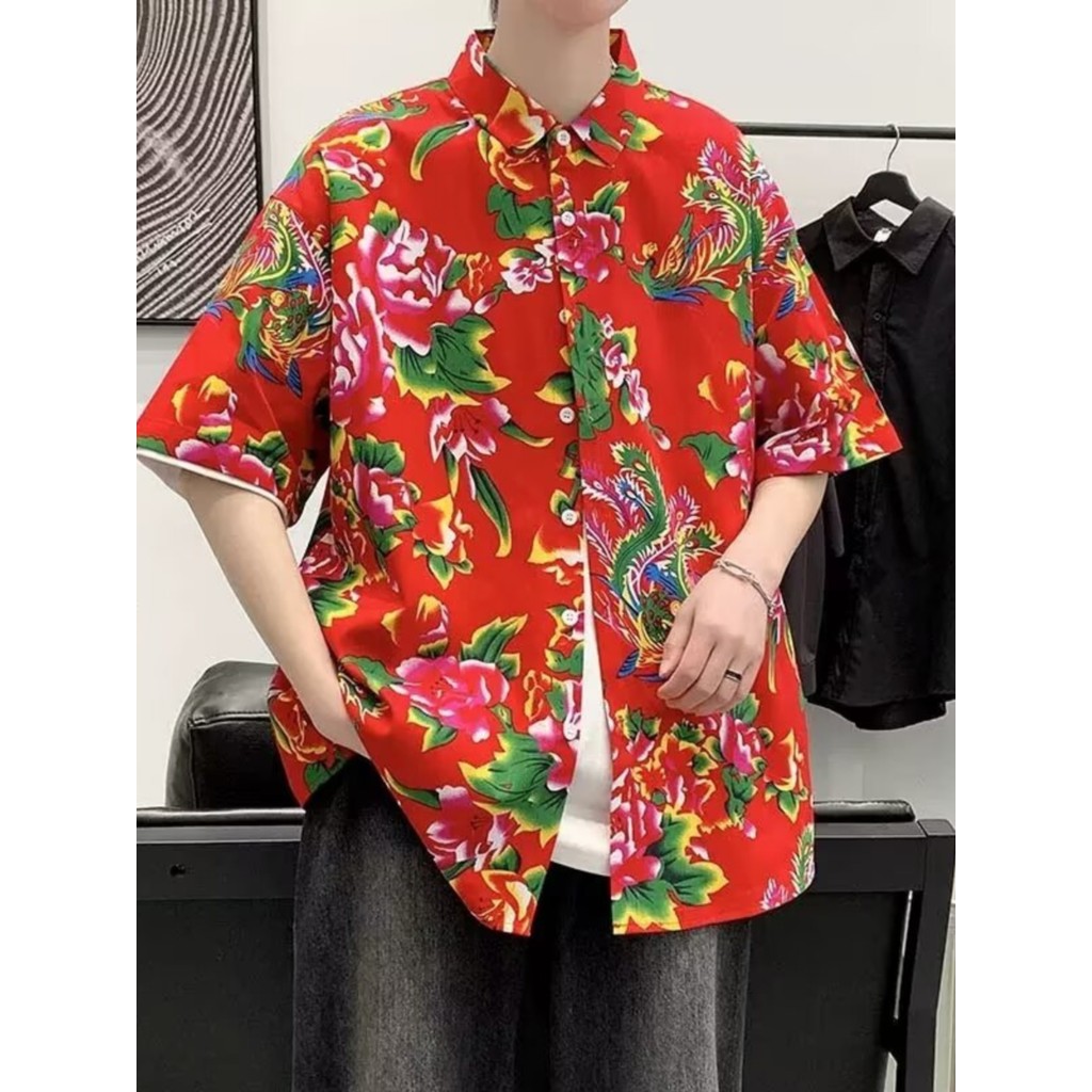 สไตล์จีนอินเทรนด์หลวมขนาดใหญ่ย้อนยุคผู้ชายดอกไม้เสื้อภาคตะวันออกเฉียงเหนือดอกไม้ใหญ่เสื้อเชิ้ตผู้ชายแขนสั้น