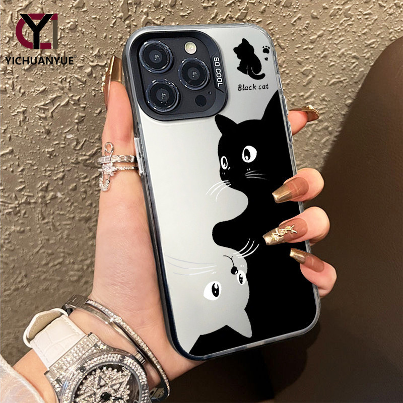 YICHUANYUE-สีดำหรูหราซิลิโคนแข็งกรณีโทรศัพท์ แมวสีดำแมวสีขาว for iPhone 13 16 12Plus 14 15 11 Pro MAX 8 7 Plus X XR XS
