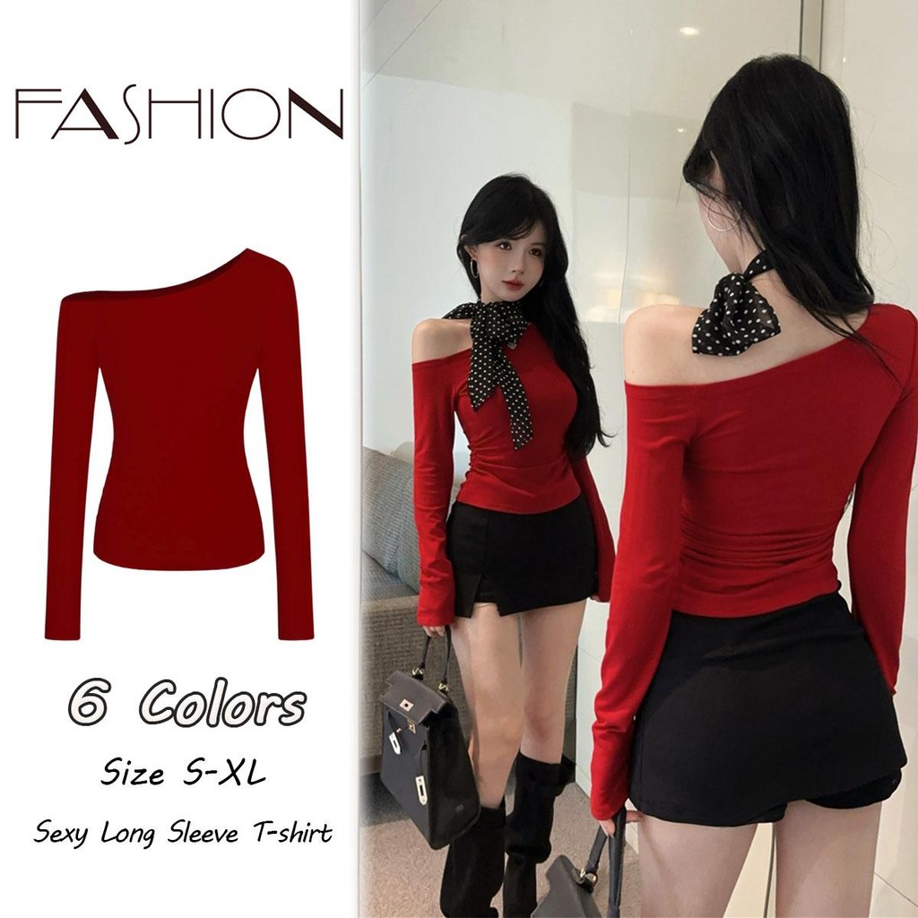 KOKO#สีแดง เสื้อคริสต์มาสผู้หญิง เสื้อยืดแขนยาวผู้หญิงเข้ารูป ดีไซน์เปิดไหล่เซ็กซี่ ทรงเข้ารูป#2666
