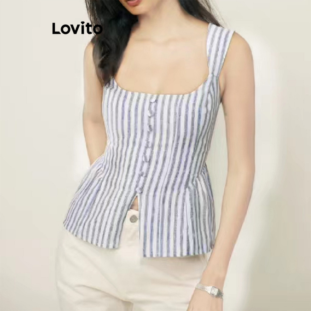 Lovito ปุ่มลายหรูหราแยกเสื้อกล้ามด้านหน้าสำหรับผู้หญิง L99ED270