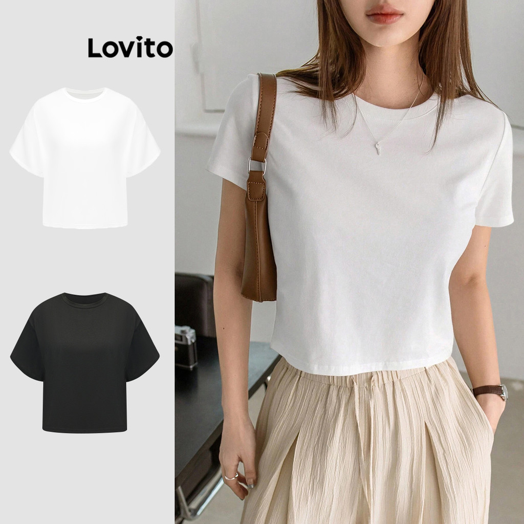 Lovito เสื้อยืดผู้หญิง สุดเท่ ใส่สบาย สีพื้น สไตล์ลำลอง L87ED252