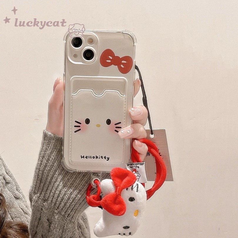 IPhone 16 15 14 13 12 11 Pro Max X Xr Xs Max X XR XS Max 7 8 Plusเคสโทรศัพท์ตุ๊กตาน่ารักสีแดงโบว์แมวการ์ดใสนุ่ม + Lanyardปกหลัง