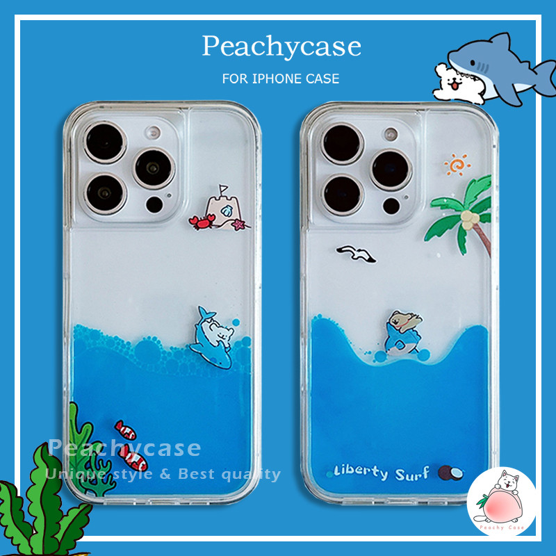 ตลกฤดูร้อนลอยฉลามสายสุนัขไหลของเหลวทรายดูดกรณีโทรศัพท์เข้ากันได้สําหรับ ไอโฟน 16 15 14 13 12 มือโปร สูงสุด กันกระแทกอะคริลิใสมือถือปกหลัง