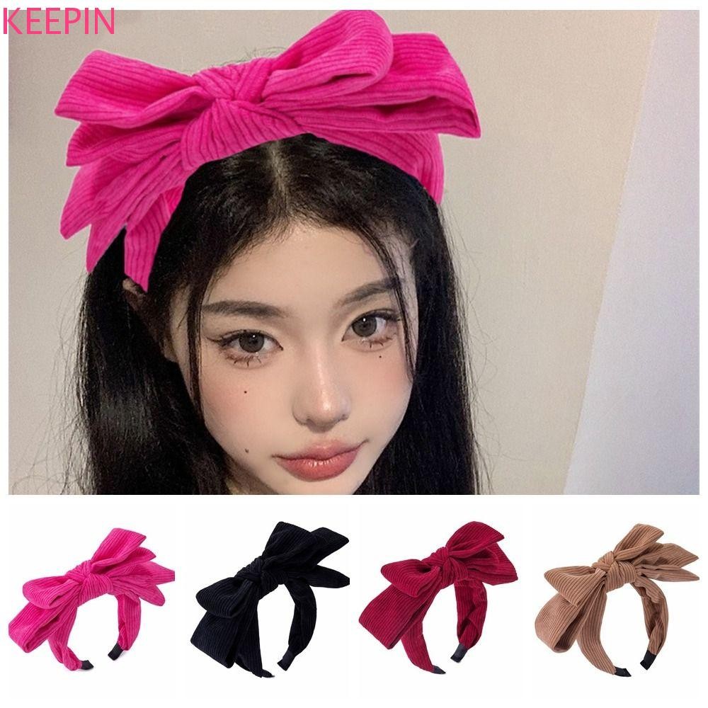 Keepin Bowtie ที่คาดผม, Corduroy ขนาดใหญ่ Bowtie ผม Hoop, สีทึบหรูหราสไตล์เกาหลี Headwear ล้างหน้า Hairband สาว
