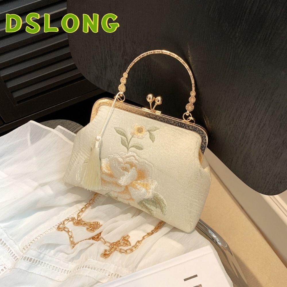 DSLONG กระเป๋าถือ ผ้าเรยอน ปักลายดอกโบตั๋น สีขาว สไตล์จีน หรูหรา สําหรับผู้หญิง