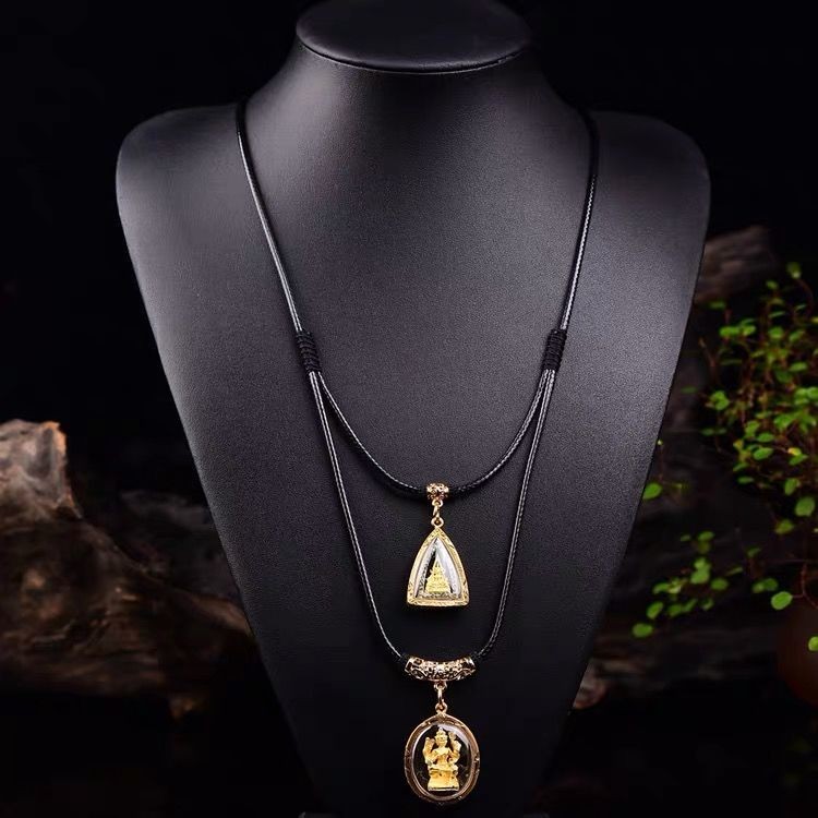 สายหนังแขวน-oo0958 / สร้อยคอไม่ต้องซัก สี่โซ่ สามสายแขวน สายขี้ผึ้ง จี้แขวน พระพุทธเจ้าไทย Amulet-8o