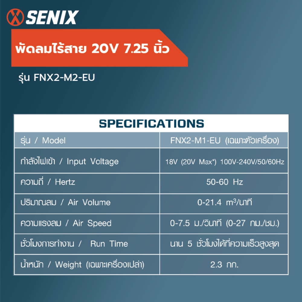 GlobalHouse SENIX พัดลมไร้สาย 20V 7.25นิ้ว รุ่น FNX2-M1-EU (เฉพาะตัวเครื่อง) สินค้าของแท้คุณภาพดี ราคา ถูกที่สุด ดีลบีเคเค แกลเลอรีภาพที่ 3
