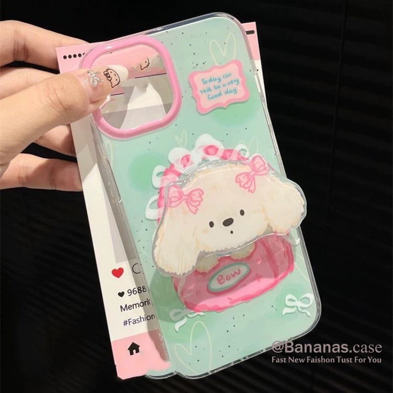 Iphone 16 15 14 13 12 11 Pro Max 16E X Xr Xs Max 7 8 Plus SE2020 เคสโทรศัพท์น่ารักสีชมพูโบว์สุนัข + Stand Clear Soft ฝาหลัง
