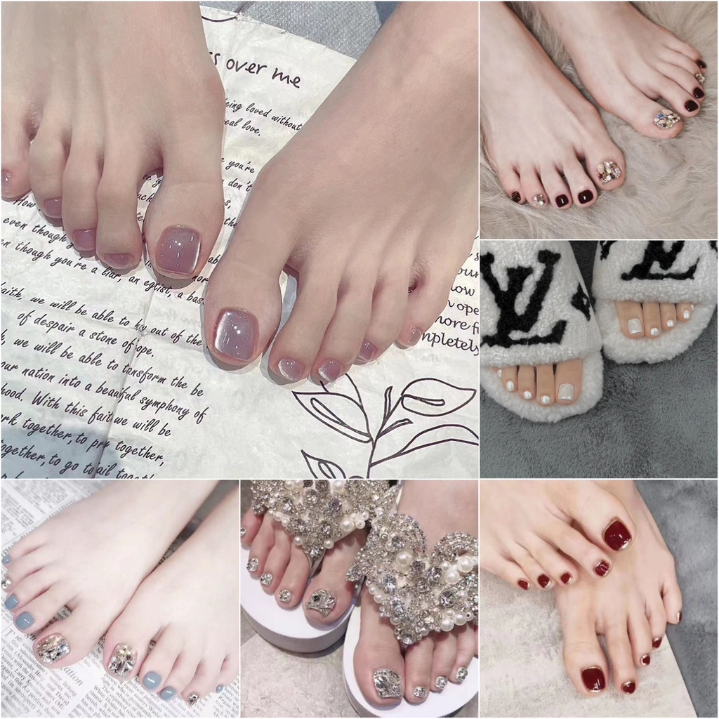 24 ชิ้น/กล่องtoe เล็บกาวแฟชั่นสแควร์สั้นคลุมทั้งหมดปลอม Toenails เล็บปลอมฝรั่งเศส