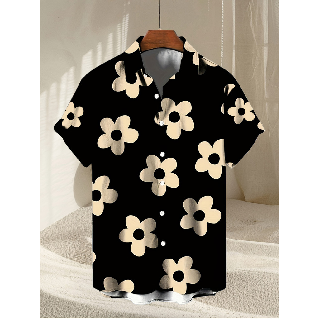 ดอกไม้ 3ง พิมพ์เสื้อฮาวายฤดูร้อนชายหาดวันหยุดลําลองผู้ชายแขนสั้นท็อปส์ทุกวันแฟชั่นหลวมเสื้อปกขนาดใหญ่