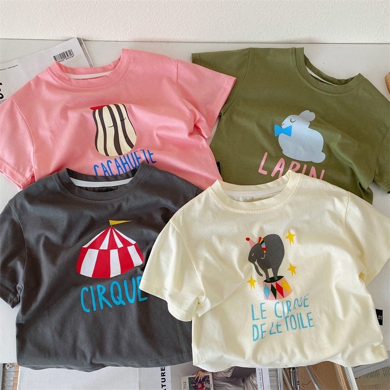 ฤดูร้อนใหม่ เสื้อยืดแขนสั้นผ้าฝ้ายแท้สำหรับเด็กชายและเด็กหญิง ลายการ์ตูนน่ารัก เสื้อเด็กแขนสั้นหลวม