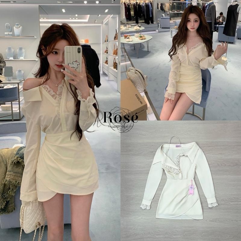 K.shop Rose80 มินิเดรสแขนยาวสีครีมอมเหลือง แต่งขอบลูกไม้ที่คอและปลายแขน สายผูกคอเองปรับได้ตามตัว