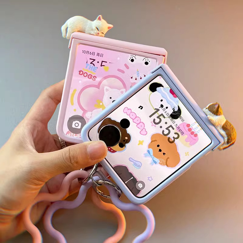 LUKEN เกาหลีน่ารัก 3D ลูกแมวกรณีดอกไม้สายคล้องสาวสําหรับ Samsung Z Flip 7/6/5/4/3 สําหรับ Motorola Razr 40 50 60 Ultra Xiaomi Mix Flip สําหรับ OPPO ค้นหา N2 Flip N3 Flip