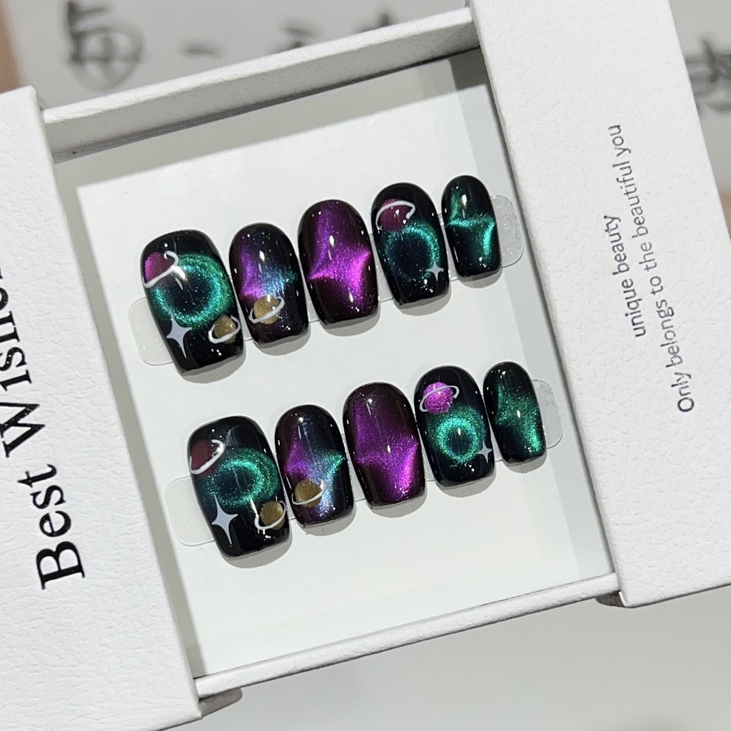 ชุดเครื่องมือ 5in1+ทำมือ] เล็บปลอม สีสันสดใส ตาแมว ออโรร่า ท้องฟ้าเต็มไปด้วยดวงดาว การบำบัดด้วยแสง เล็บปลอมแบบติดบนเล็บ ใช้ซ้ำได้