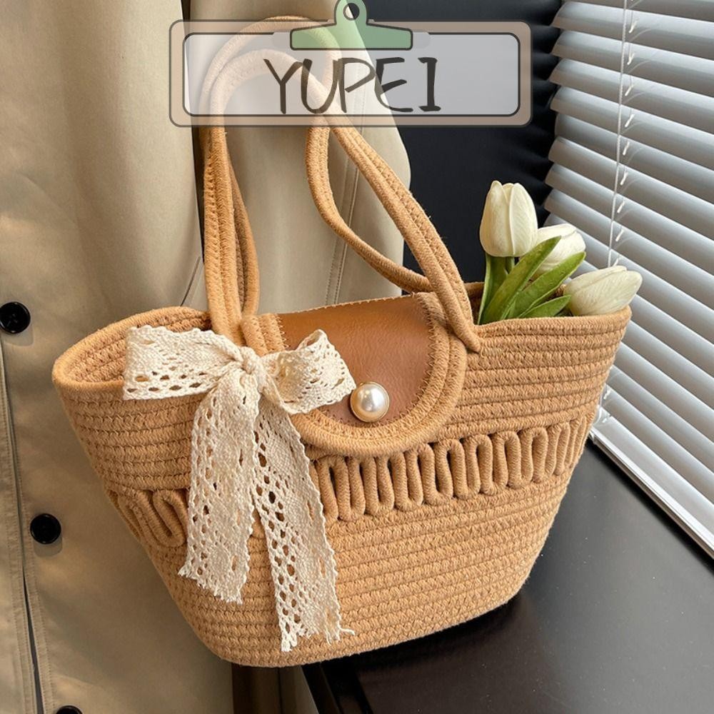 Yupei กระเป๋าสานแฮนด์เมด, กระเป๋าถือทอเชือกฝ้าย, กระเป๋าชายหาดสไตล์ชนบทชายหาด