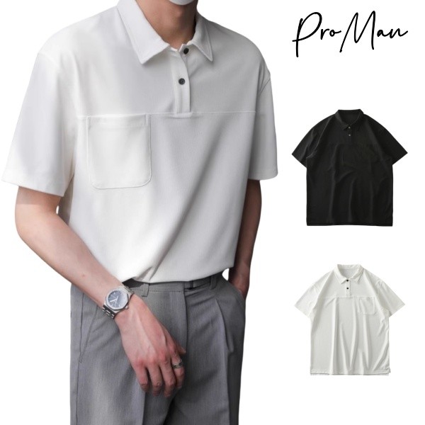 ⚡ProMan⚡เสื้อโปโลผู้ชายคอปกสีล้วน  การออกแบบกระเป๋า  เรียบง่าย  ลำลอง  ทำให้ดูผอมเพรียว