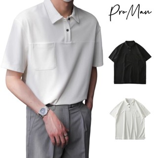 ⚡ProMan⚡เสื้อโปโลผู้ชายคอปกสีล้วน  การออกแบบกระเป๋า  เรียบง่…