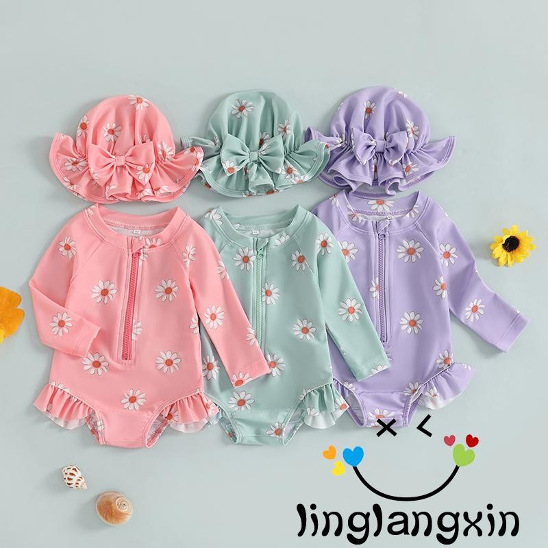 LLX-ชุดว่ายน้ำเด็กผู้หญิงแขนยาวพิมพ์ลายดอกไม้ มีซิป พร้อมหมวก