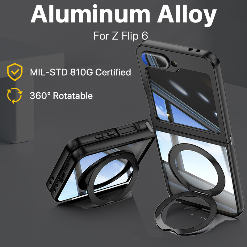 เคส Samsung Z Flip 8 / Flip 7 / Flip 6 เคสอลูมิเนียมกันกระแทก พร้อมแหวนหมุนขาตั้ง และแม่เหล็กชาร์จไร้สาย เลนส์กล้องป้องกัน