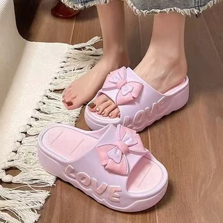 🍓EnJoy🍓พร้อมส่ง (LT-6829/LT-6829-1) รองเท้าแตะแบบสวม ดีเทลโบว์น่ารัก สีพาสเทล พื้นหนา เสริมส้นสูงสำหรับผู้หญิง