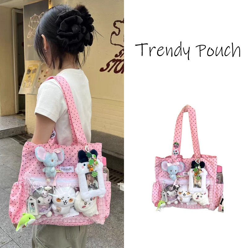 TRENDY  POUCH  กระเป๋าผ้า polka dot bag ลายจุด ita bag  เบา ขนาดใหญ่ ผู้หญิง กระเป๋าโบว์