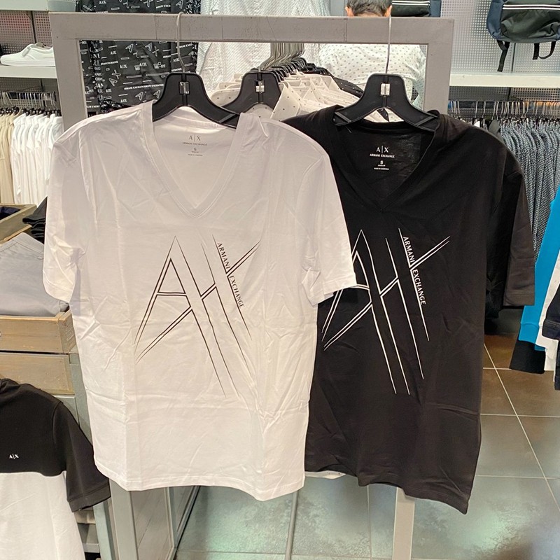 AX Armani Exchange Pure Cotton Signature Letter ป้ายขนาดใหญ่เสื้อยืดแขนสั้นคอวีลําลอง