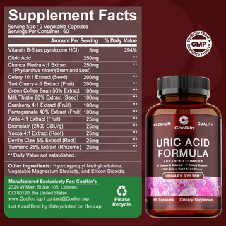 Uric Acid Detox - Kidney Support - with Celery Seed & Tart Cherry - Cleanse - 30/60/120 Capsules