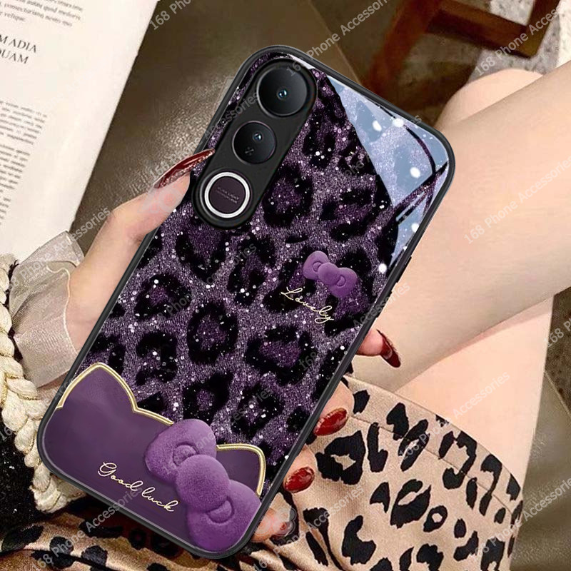 เคส Vivo V50 V60 Lite เคส Vivo V60 V50 V40 Y200 5G เคสสีสันสดใสแฟชั่นแวววาวเสือดาวพิมพ์โบว์คิตตี้แมวกันกระแทกหรูหราของเหลวแข็งกระจกปกสําหรับสาวผู้หญิงผู้หญิง