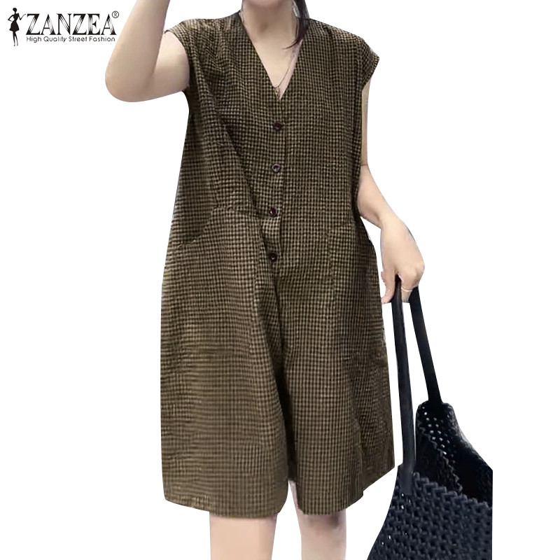 ZANZEA ใส่ ซานเซีย ผู้หญิงเกาหลีวินเทจคอวีกระดุมแถวเดียวตาหมากรุกหลวมขากว้างเหมาะสมกับ