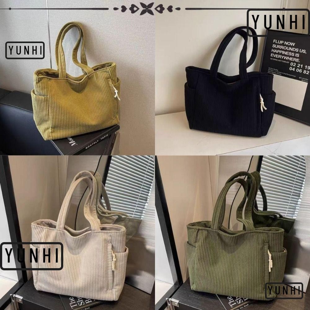 YUNHI กระเป๋าถือทรงสี่เหลี่ยมความจุขนาดใหญ่ผู้หญิงสไตล์เกาหลีกระเป๋า Tote แบบพกพาหลายกระเป๋า Corduroy Soft กระเป๋าสะพายอเนกประสงค์สําหรับวิทยาลัย
