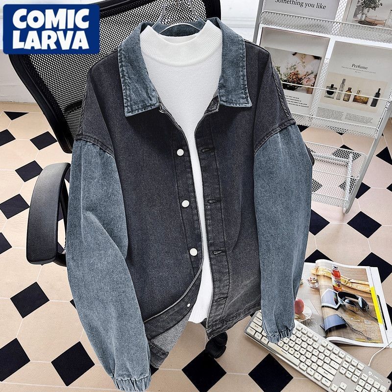 港风复古牛仔外套男秋季设计感拼接撞色翻领夹克潮牌百搭上衣Hong Kong Style Retro Denim Coat Men's Autumn Design20250825