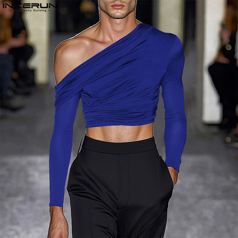 Incerun ผู้ชายแฟชั่นเกาหลี Deconstructed Patchwork หนึ่งไหล่เสื้อยืด