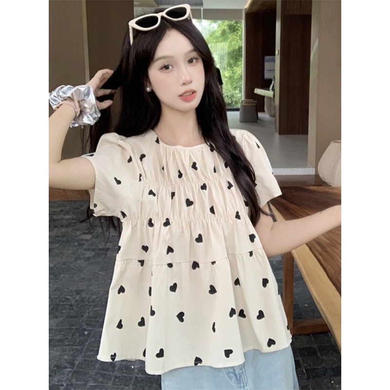 🧡LINNA🧡สไตล์ใหม่ แขนสั้น เสื้อเชิ้ต การพิมพ์ จีบ หลวม แฟชั่น