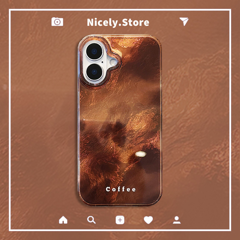 Retro สีน้ําตาลกาแฟเลเซอร์เคสโทรศัพท์สําหรับ iPhone 16 15 14 13 12 Pro Max 11 14Pro 15Promax IMD Big Hole ป้องกันปลอก