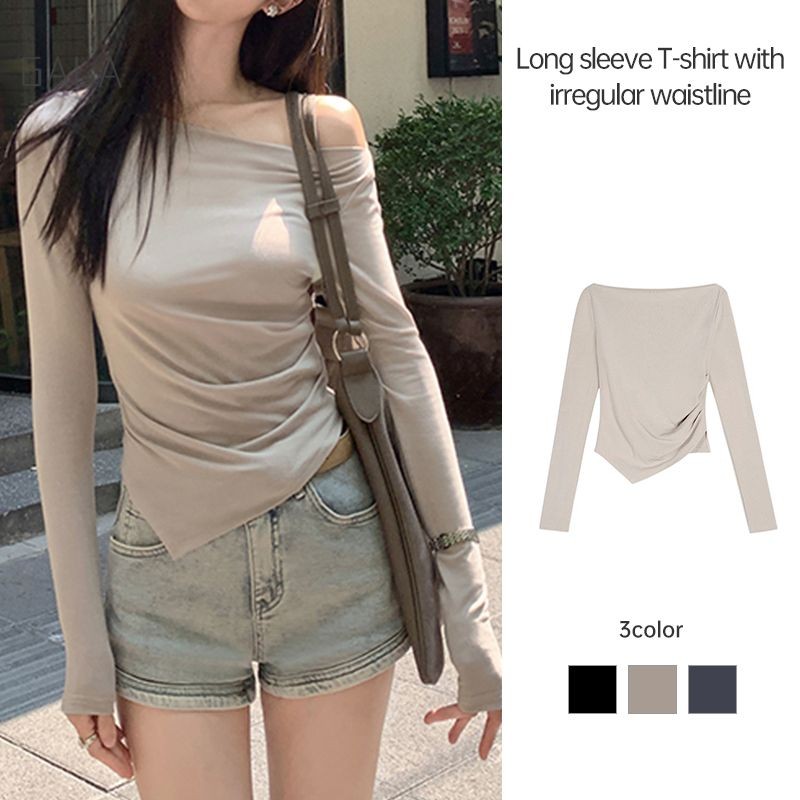 ปิดไหล่เสื้อยืดผู้หญิงบางกระชับBottomingเสื้อเอวRetractionเสื้อยืดแขนยาว GA