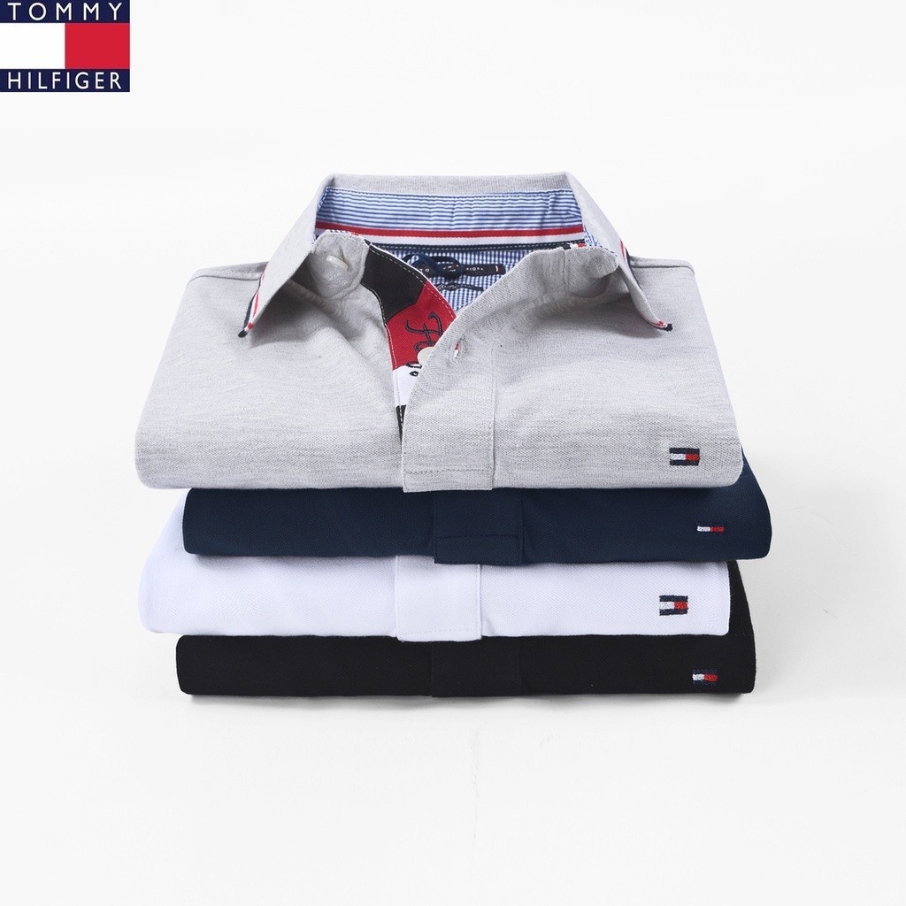 Tommy แฟชั่นเสื้อโปโลผู้ชายเสื้อยืดปกสีทึบเสื้อยืดแขนสั้นเสื้อโปโล Tommy เสื้อโปโล