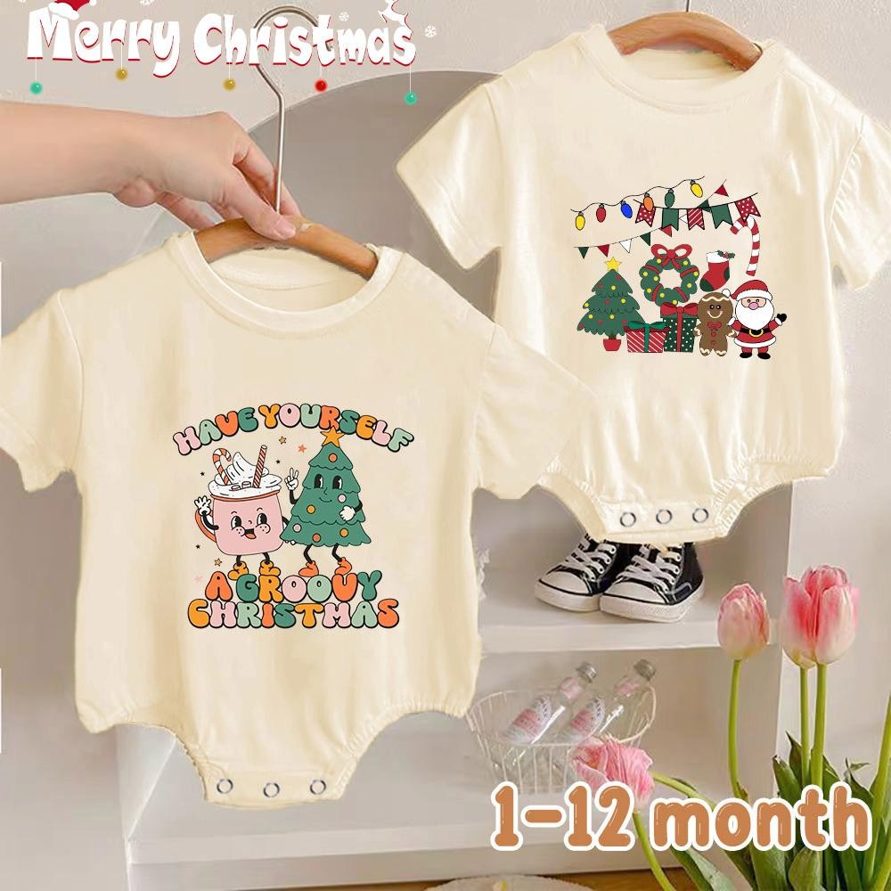 Bubble Romper ต้นคริสต์มาสการ์ตูน Retro Beige Baby Rompers ชุดเด็กทารกชุดบอดี้สูทขนาดใหญ่
