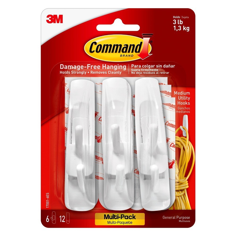 3M COMMAND 17001-Vp-6pk Medium Hook 12 M-Strips