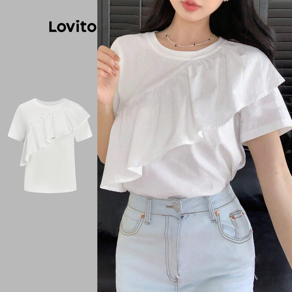 Lovito เสื้อยืดผู้หญิง แต่งระบาย สีพื้น สไตล์ลำลอง L91ED462