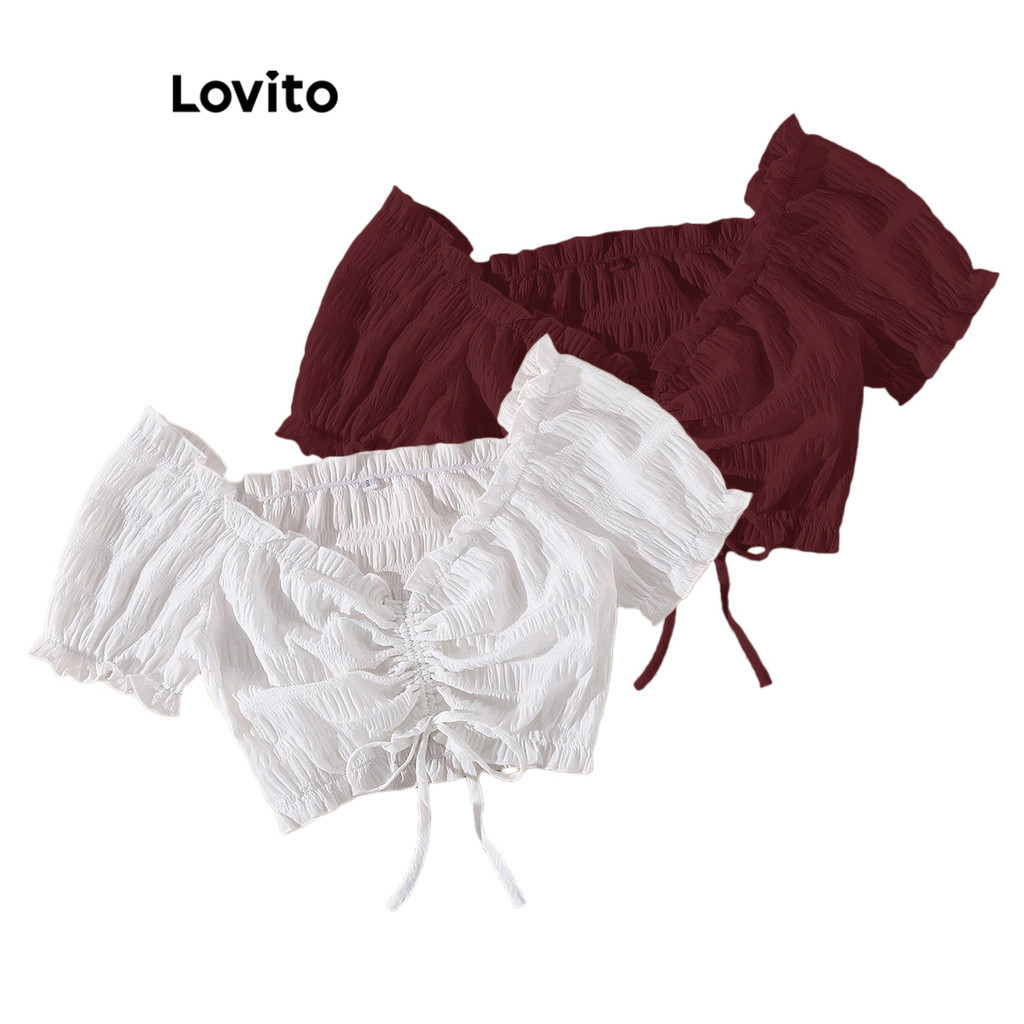 Lovito เสื้อเบลาส์ผู้หญิง ผูกเชือก จีบย่น ขอบหยัก สีพื้น สไตล์ลำลอง L88AD068(หลากสี)